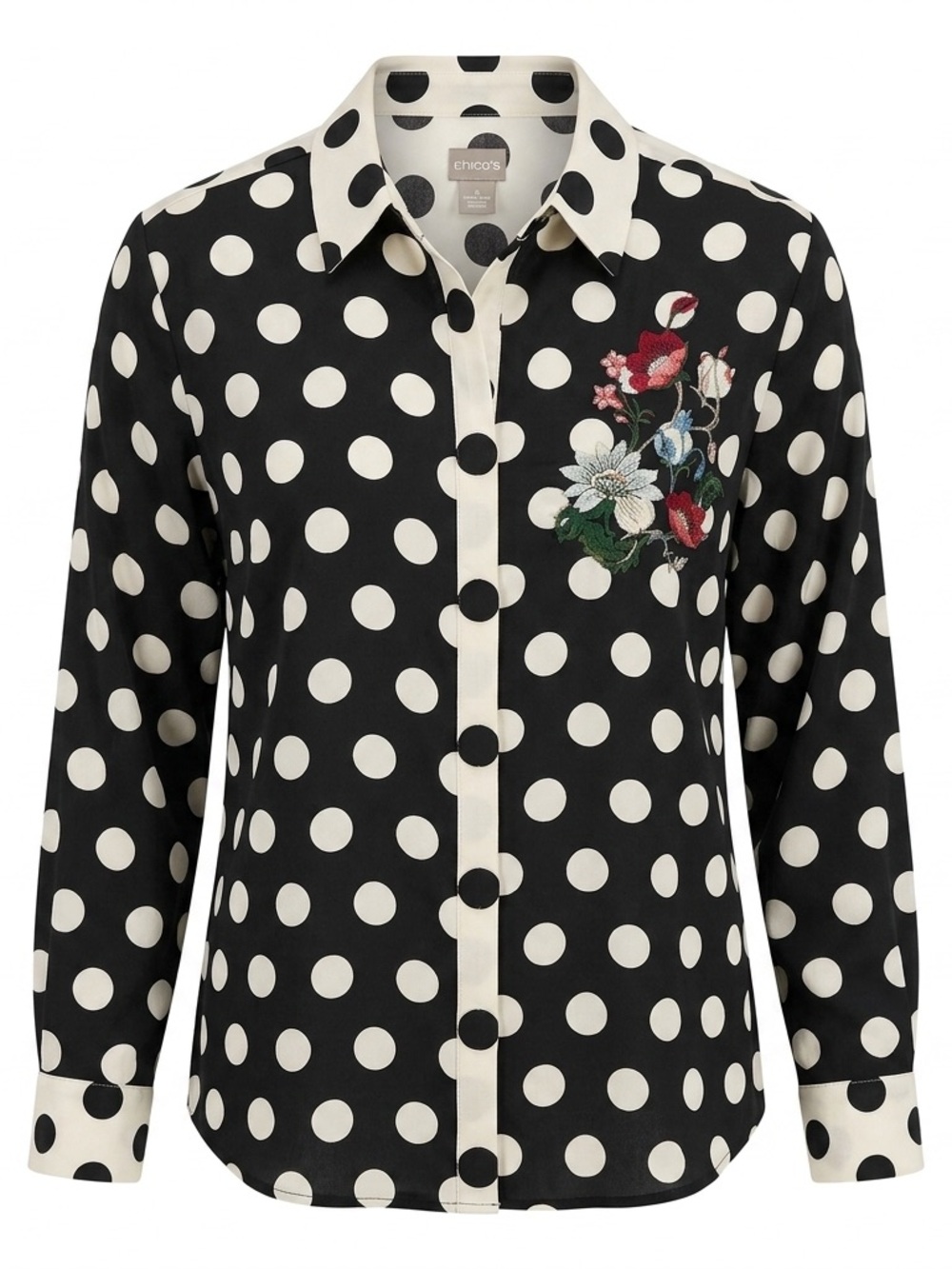 ⁠Chico's Polka Dot Long Sleeve Blouse Embroidered Floral Accent Large